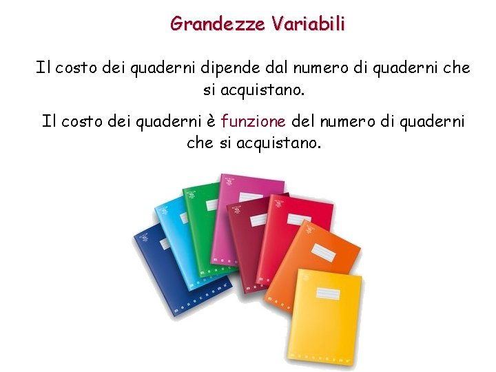 Grandezze Variabili Il costo dei quaderni dipende dal numero di quaderni che si acquistano.