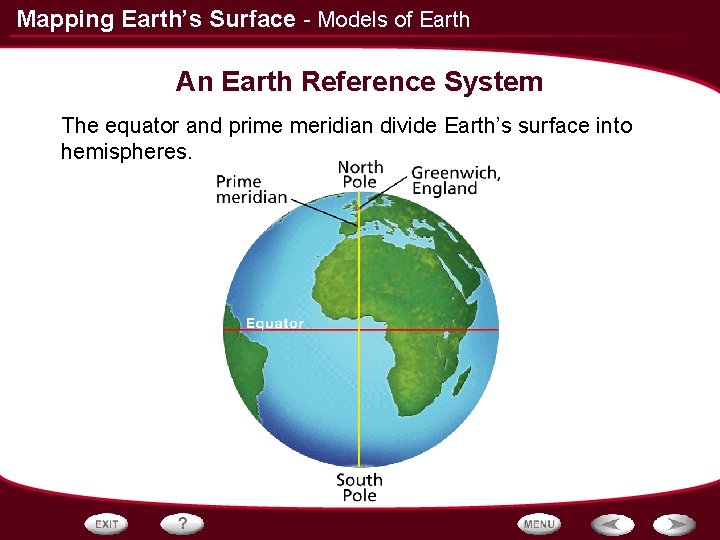 Mapping Earth’s Surface - Models of Earth An Earth Reference System The equator and