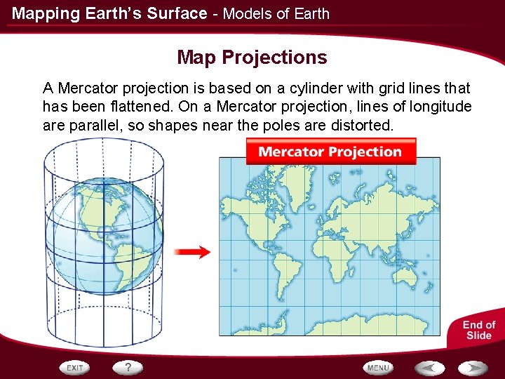 Mapping Earth’s Surface - Models of Earth Map Projections A Mercator projection is based