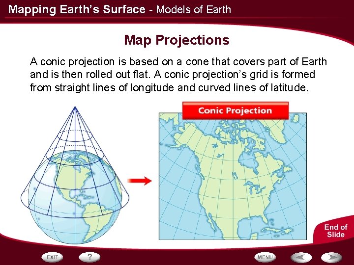 Mapping Earth’s Surface - Models of Earth Map Projections A conic projection is based