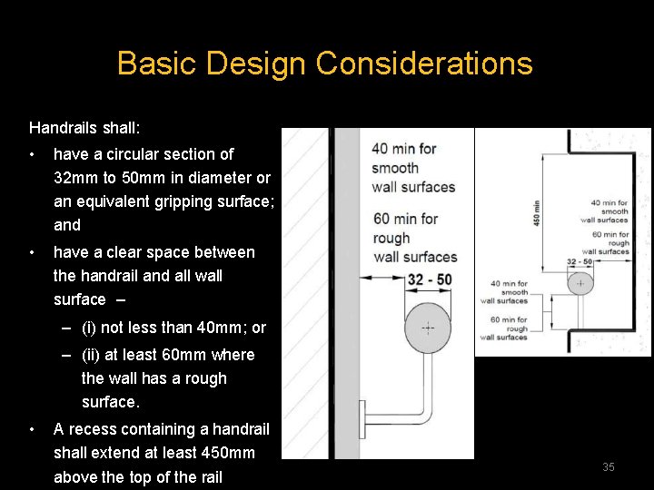 Basic Design Considerations Handrails shall: • have a circular section of 32 mm to