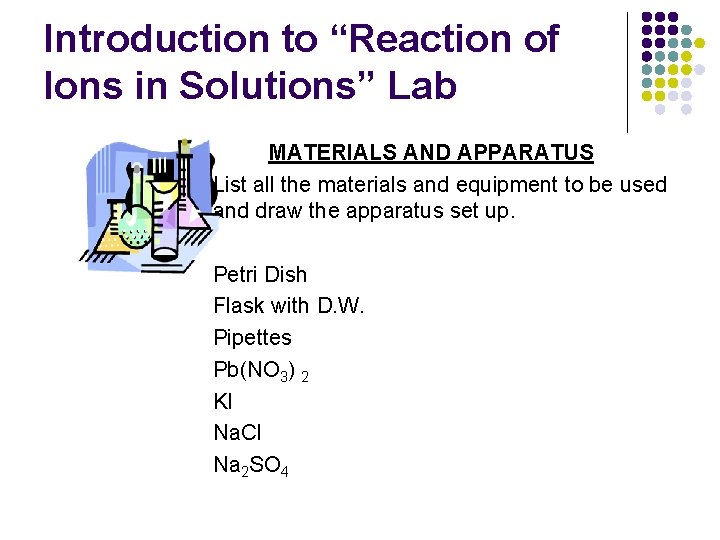 Introduction to “Reaction of Ions in Solutions” Lab l MATERIALS AND APPARATUS List all