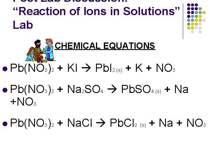Post Lab Discussion: “Reaction of Ions in Solutions” Lab CHEMICAL EQUATIONS l Pb(NO 3)2
