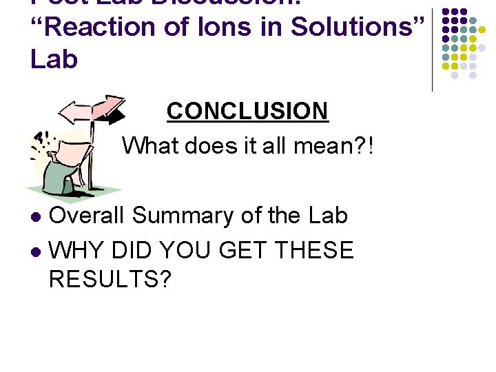 Post Lab Discussion: “Reaction of Ions in Solutions” Lab CONCLUSION What does it all