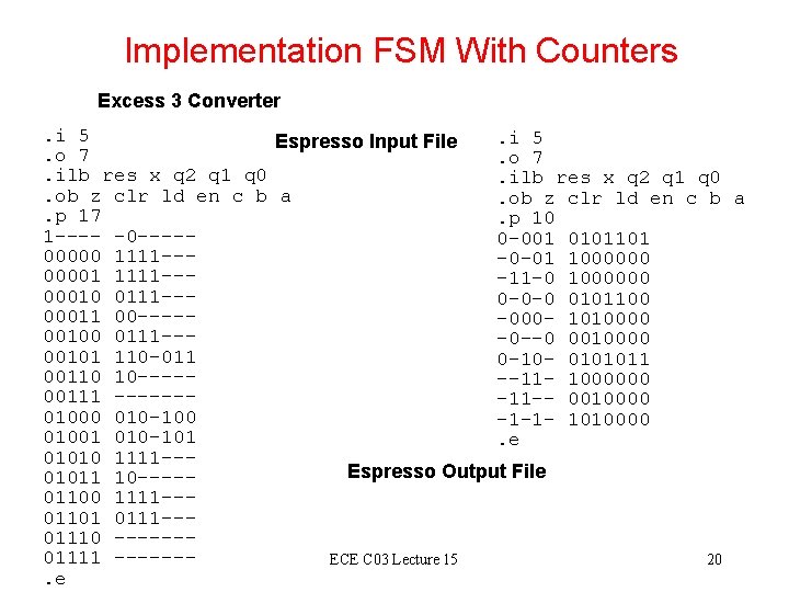 Implementation FSM With Counters Excess 3 Converter. i 5 Espresso Input File. o 7. Implementation FSM With Counters Excess 3 Converter. i 5 Espresso Input File. o 7.