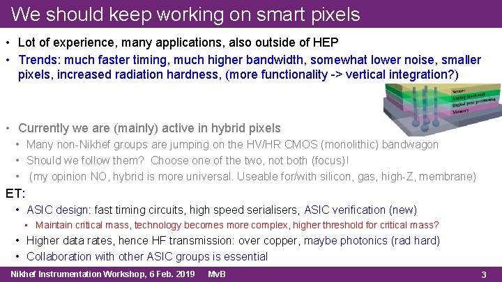 We should keep working on smart pixels • Lot of experience, many applications, also