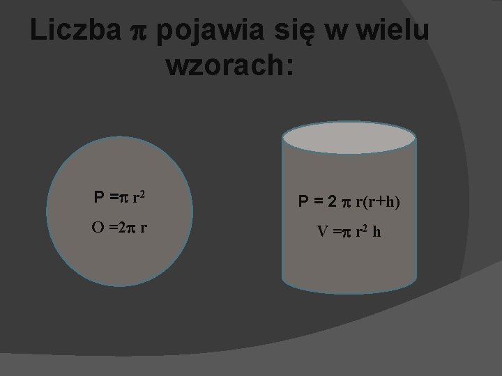 Liczba p pojawia się w wielu wzorach: P =p r 2 P = 2