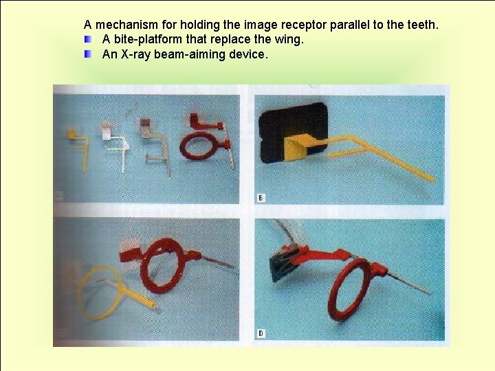 A mechanism for holding the image receptor parallel to the teeth. A bite-platform that