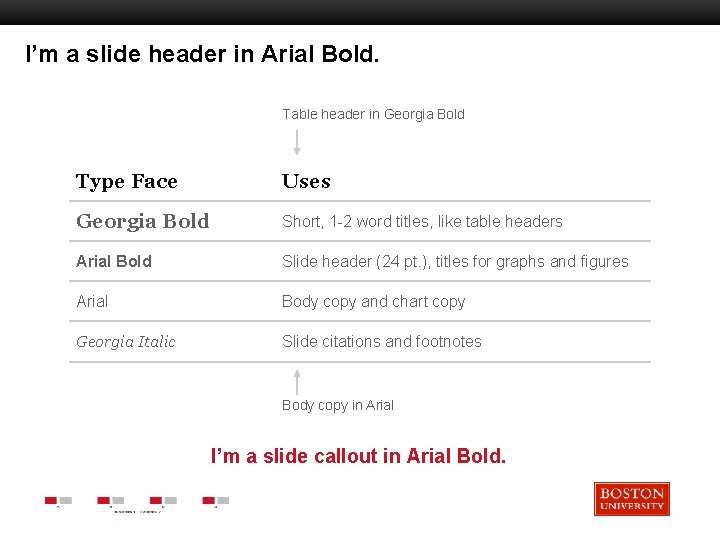 I’m a slide header in Arial Bold. Table header in Georgia Bold Boston University
