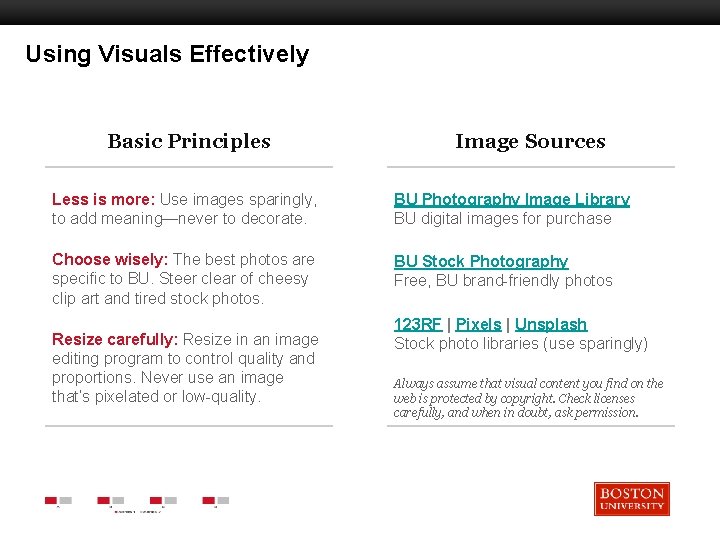 Using Visuals Effectively Boston University Slideshow Title Goes Here Basic Principles Image Sources Less