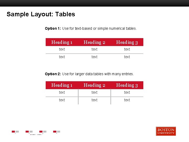 Sample Layout: Tables Option 1: Use for text-based or simple numerical tables. Boston University