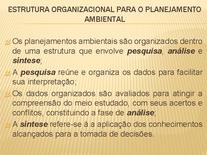 ESTRUTURA ORGANIZACIONAL PARA O PLANEJAMENTO AMBIENTAL Os planejamentos ambientais são organizados dentro de uma