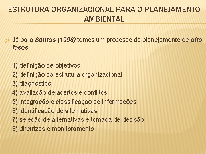 ESTRUTURA ORGANIZACIONAL PARA O PLANEJAMENTO AMBIENTAL Já para Santos (1998) temos um processo de
