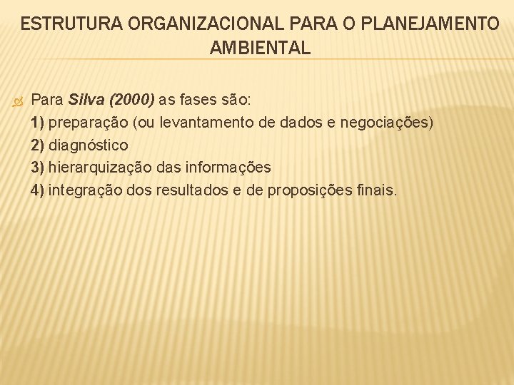 ESTRUTURA ORGANIZACIONAL PARA O PLANEJAMENTO AMBIENTAL Para Silva (2000) as fases são: 1) preparação