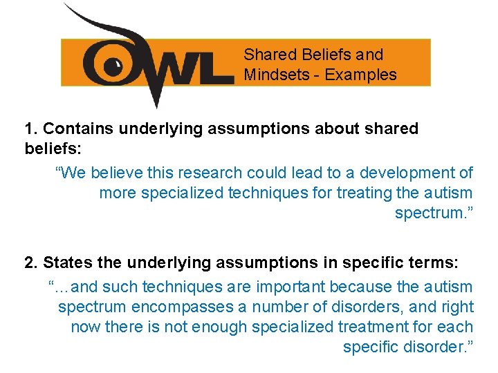Shared Beliefs and Mindsets - Examples 1. Contains underlying assumptions about shared beliefs: “We