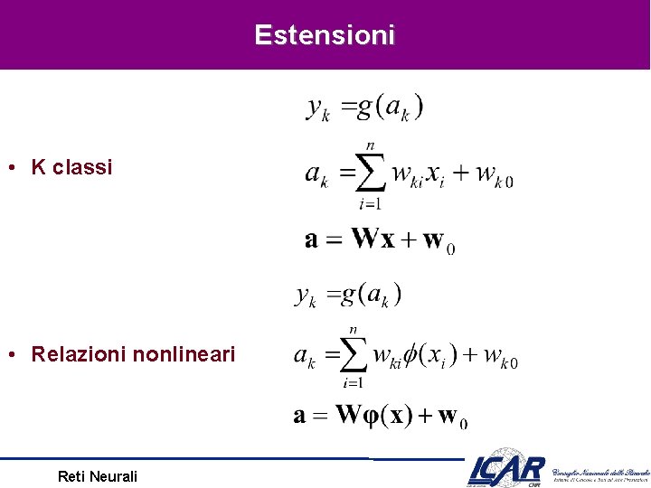 Estensioni • K classi • Relazioni nonlineari Reti Neurali 