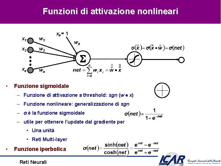 Funzioni di attivazione nonlineari • x 1 w 1 x 2 w 2 xn