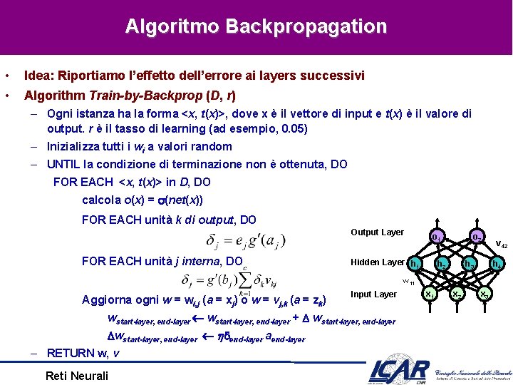 Algoritmo Backpropagation • Idea: Riportiamo l’effetto dell’errore ai layers successivi • Algorithm Train-by-Backprop (D,