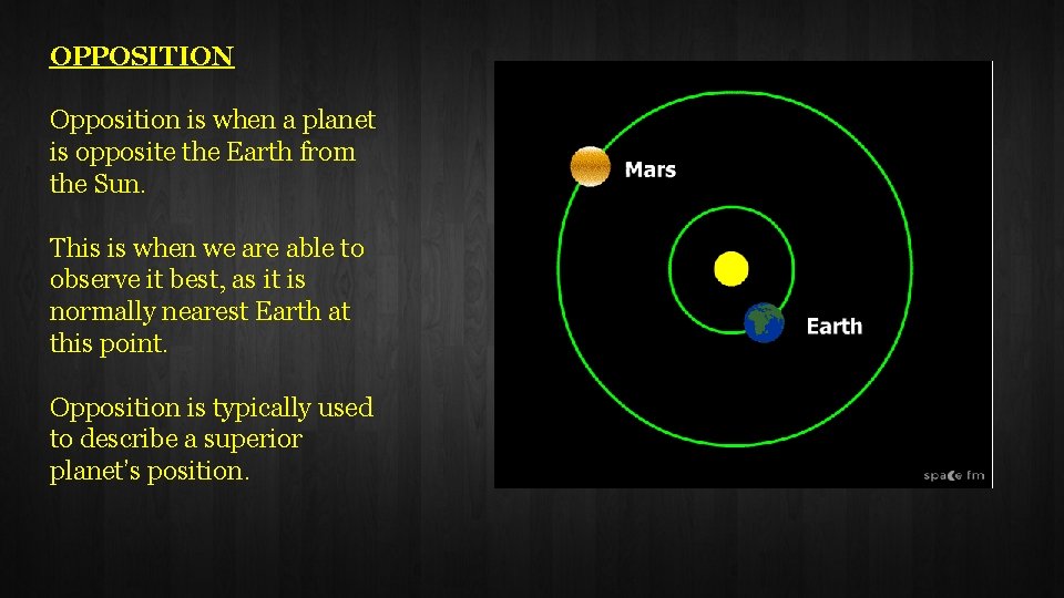 OPPOSITION Opposition is when a planet is opposite the Earth from the Sun. This
