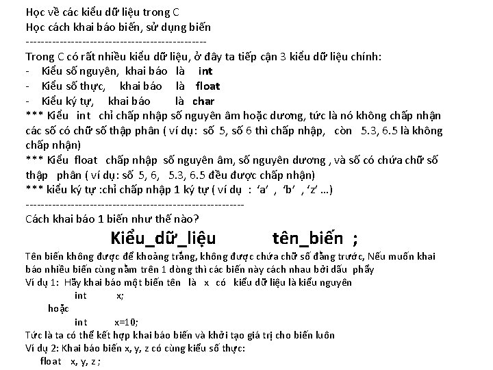 Học về các kiểu dữ liệu trong C Học cách khai báo biến, sử