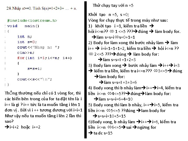 Thử chạy tay với n =5 ThÔng thường nếu chỉ có 1 vòng for,