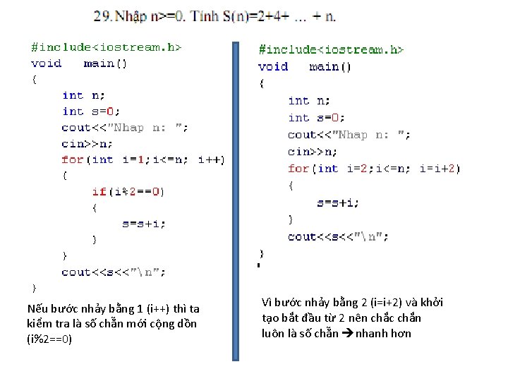 Nếu bước nhảy bằng 1 (i++) thì ta kiểm tra là số chẵn mới