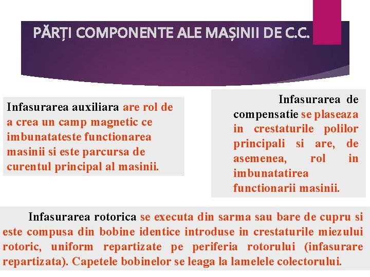 PĂRȚI COMPONENTE ALE MAȘINII DE C. C. Infasurarea auxiliara are rol de a crea