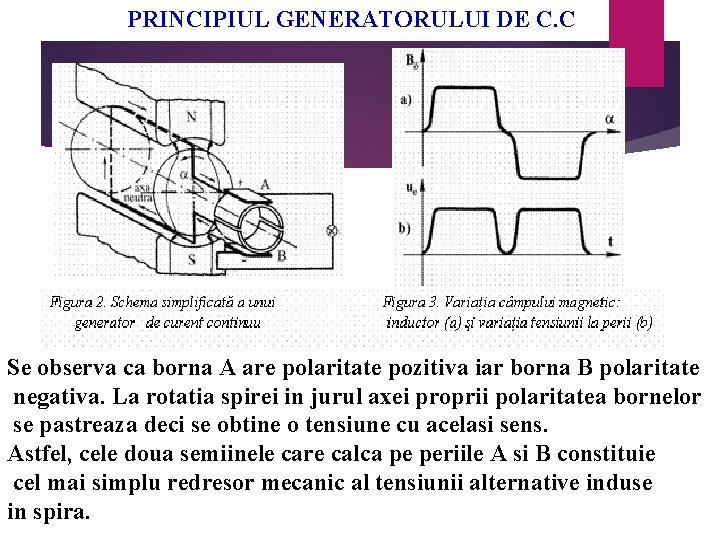 PRINCIPIUL GENERATORULUI DE C. C Se observa ca borna A are polaritate pozitiva iar