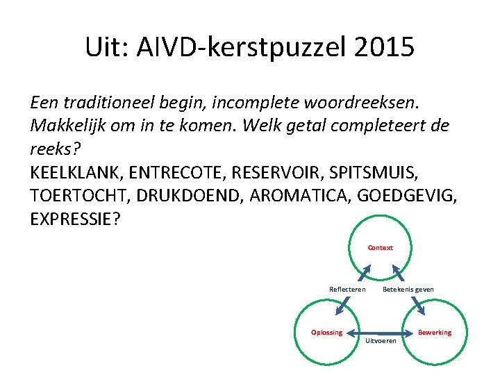 Uit: AIVD-kerstpuzzel 2015 Een traditioneel begin, incomplete woordreeksen. Makkelijk om in te komen. Welk