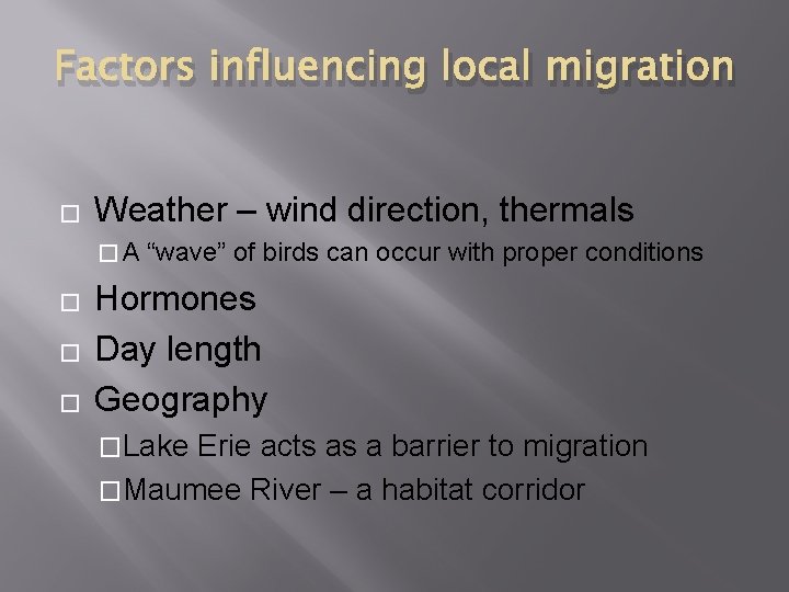 Factors influencing local migration � Weather – wind direction, thermals �A � � �