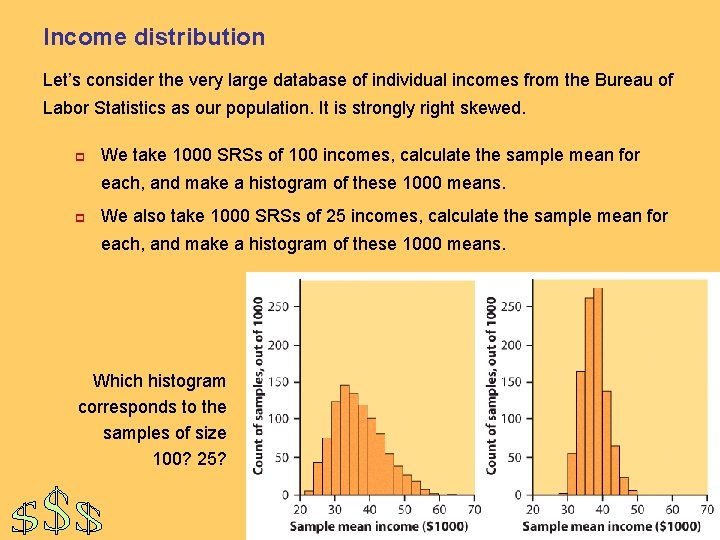 Income distribution Let’s consider the very large database of individual incomes from the Bureau