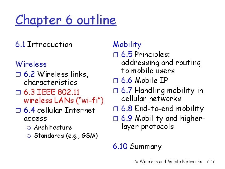 Chapter 6 outline 6. 1 Introduction Wireless r 6. 2 Wireless links, characteristics r