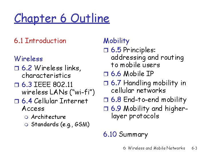 Chapter 6 Outline 6. 1 Introduction Wireless r 6. 2 Wireless links, characteristics r