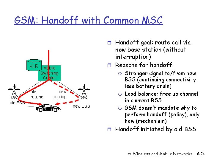 GSM: Handoff with Common MSC r Handoff goal: route call via new base station