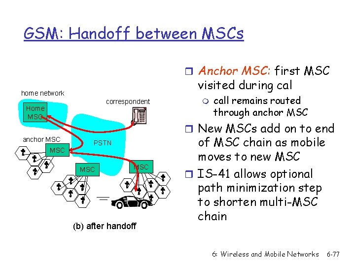 GSM: Handoff between MSCs r Anchor MSC: first MSC visited during cal home network