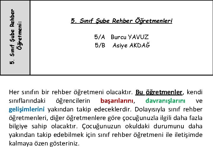 5. Sınıf Şube Rehber Öğretmeni: 5. Sınıf Şube Rehber Öğretmenleri 5/A Burcu YAVUZ 5/B