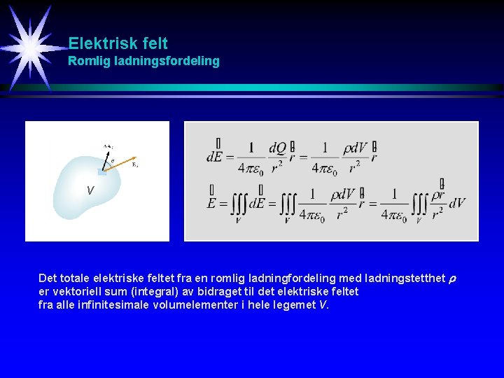 Elektrisk felt Romlig ladningsfordeling V Det totale elektriske feltet fra en romlig ladningfordeling med