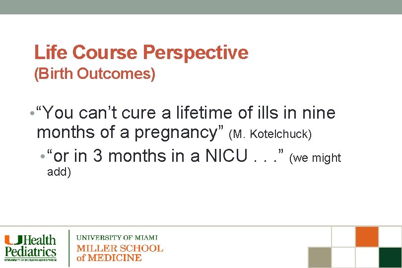 Life Course Perspective (Birth Outcomes) • “You can’t cure a lifetime of ills in