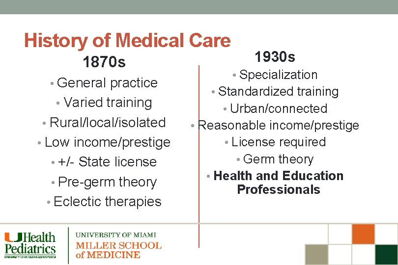 History of Medical Care 1870 s • General practice • Varied training 1930 s