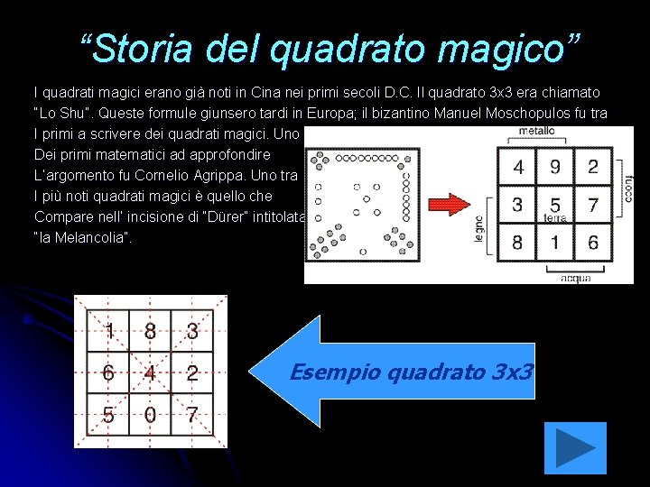 “Storia del quadrato magico” I quadrati magici erano già noti in Cina nei primi