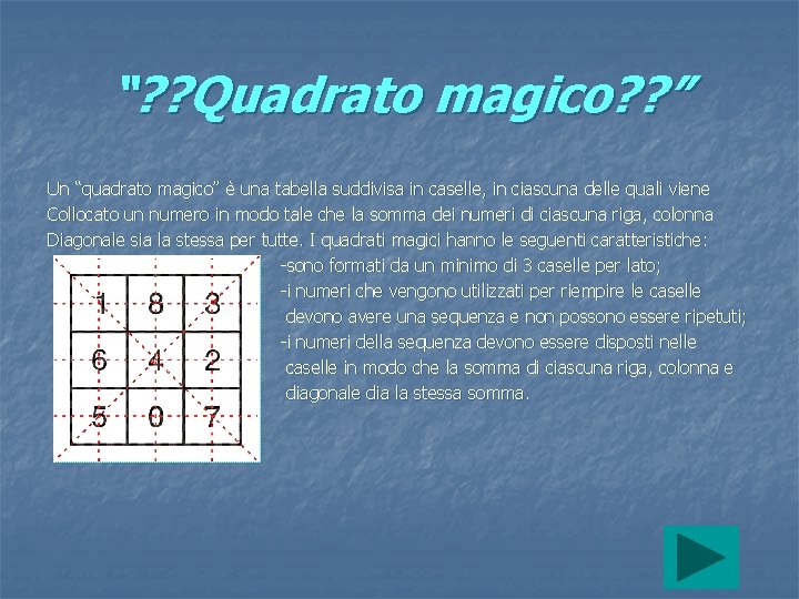 “? ? Quadrato magico? ? ” Un “quadrato magico” è una tabella suddivisa in