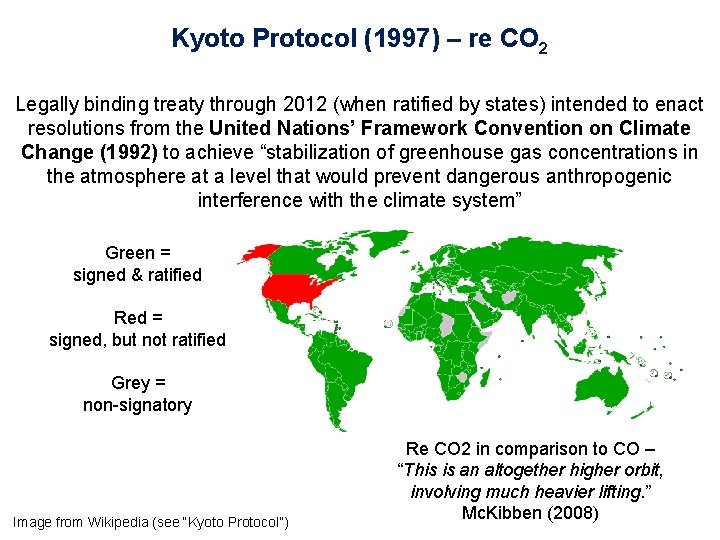 Kyoto Protocol (1997) – re CO 2 Legally binding treaty through 2012 (when ratified