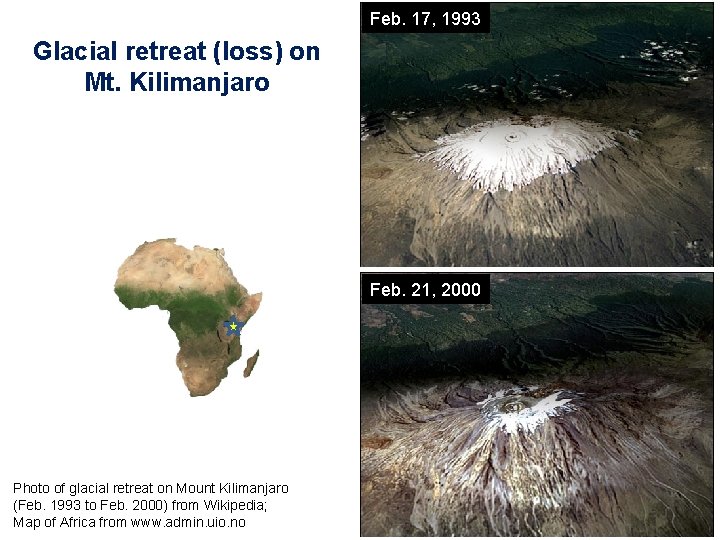 Feb. 17, 1993 Glacial retreat (loss) on Mt. Kilimanjaro Feb. 21, 2000 Photo of