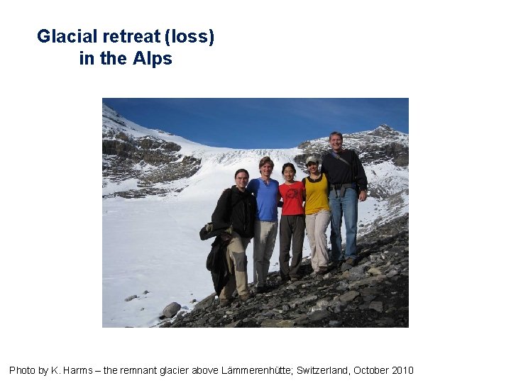 Glacial retreat (loss) in the Alps Photo by K. Harms – the remnant glacier