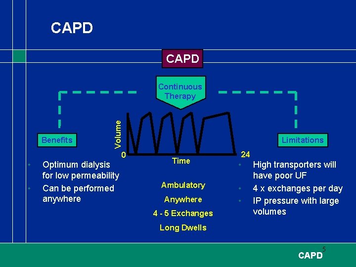 CAPD Benefits • • Volume Continuous Therapy 0 Optimum dialysis for low permeability Can