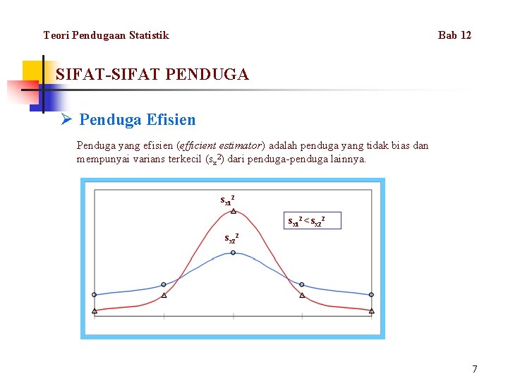 Teori Pendugaan Statistik Bab 12 SIFAT-SIFAT PENDUGA Ø Penduga Efisien Penduga yang efisien (efficient