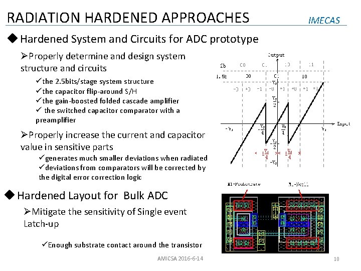 RADIATION HARDENED APPROACHES IMECAS u Hardened System and Circuits for ADC prototype ØProperly determine