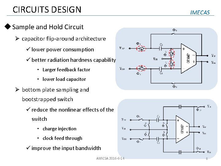 CIRCUITS DESIGN IMECAS u Sample and Hold Circuit Ø capacitor flip-around architecture ü lower