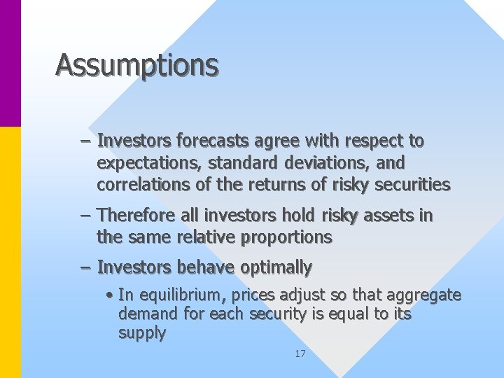 Assumptions – Investors forecasts agree with respect to expectations, standard deviations, and correlations of