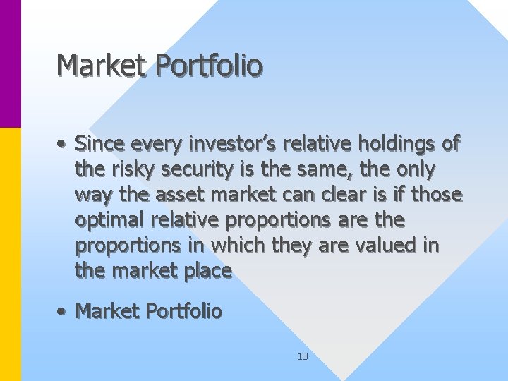 Market Portfolio • Since every investor’s relative holdings of the risky security is the